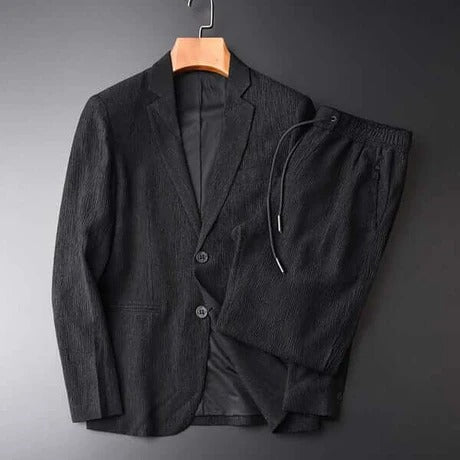 Men’s Two-Piece Set – Relaxed Fit Blazer and Trousers – Woven Textured Fabric – Notched Lapel