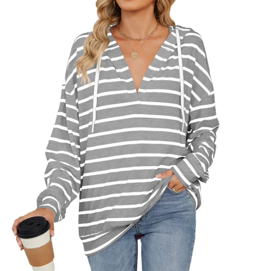 Women’s Hooded Shirt – Relaxed Fit – Cotton – V-Neck – Striped – Long Sleeves