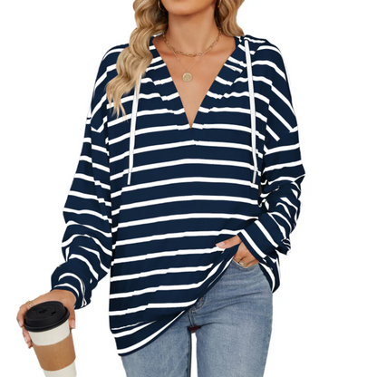 Women’s Hooded Shirt – Relaxed Fit – Cotton – V-Neck – Striped – Long Sleeves
