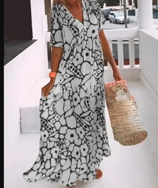 Women’s Maxi Dress – A-Line Fit – V-Neck – Short Sleeve – Breathable Blend – Floral Print