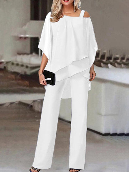 Women’s Two Piece Set – Off Shoulder Top – Breathable Blend – Full Length Pants