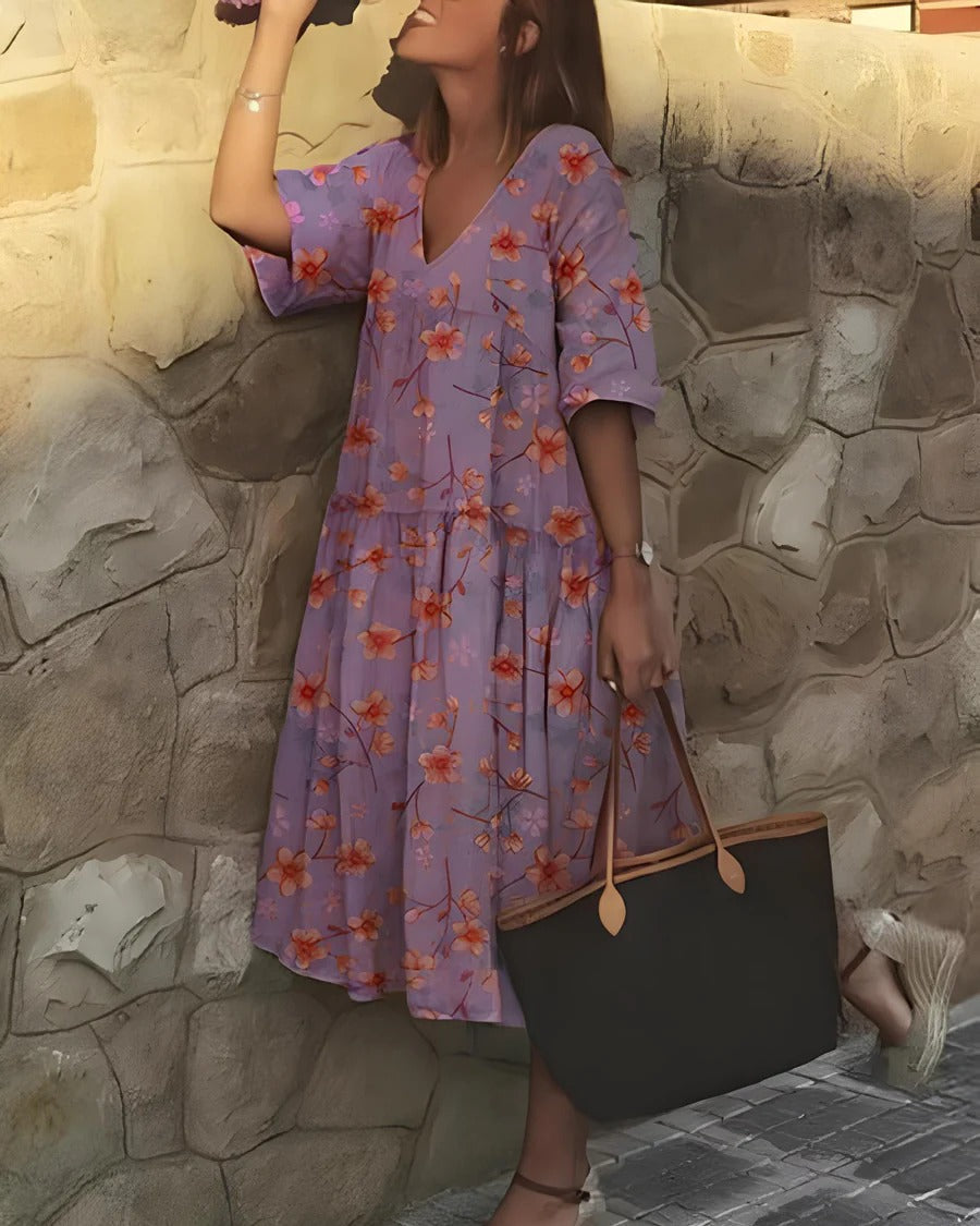 Women’s Midi Dress – A-Line Fit – V-Neck – Elbow Sleeve – Cotton Blend – Floral Print