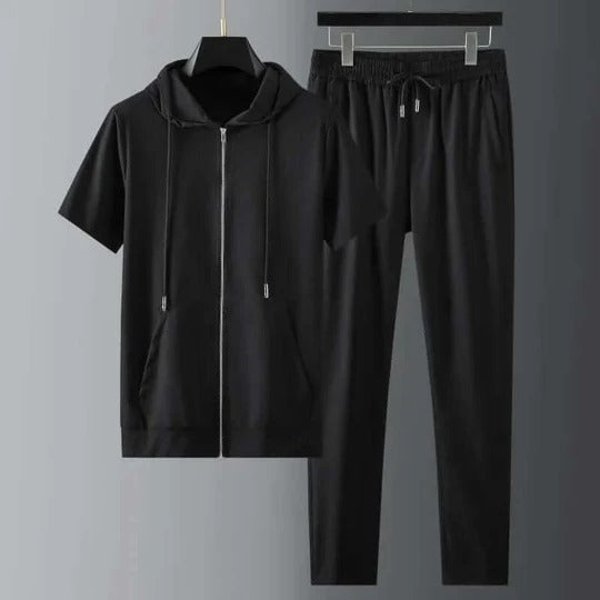 Men’s Two-Piece Set – Zip Hoodie Short Sleeve – Tapered Joggers – Cotton Blend