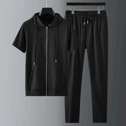 Men’s Two-Piece Set – Zip Hoodie Short Sleeve – Tapered Joggers – Cotton Blend