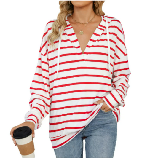 Women’s Hooded Shirt – Relaxed Fit – Cotton – V-Neck – Striped – Long Sleeves