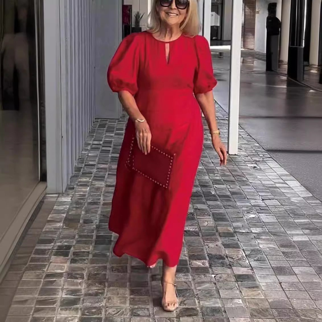 Women’s Midi Dress – Loose Fit – Puff Sleeves – Cotton – Round Neck Keyhole