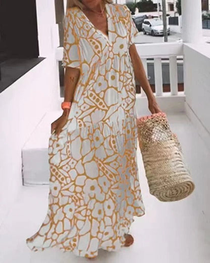 Women’s Maxi Dress – A-Line Fit – V-Neck – Short Sleeve – Breathable Blend – Floral Print