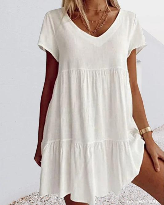 Women’s A-Line Dress – Relaxed Fit – V-Neck – Tiered Layers – Breathable Blend