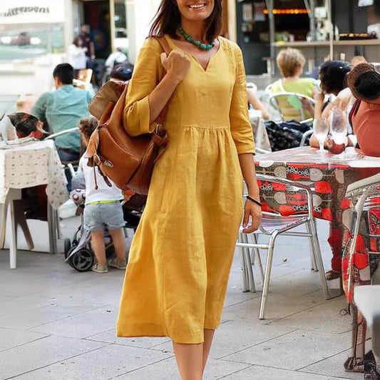 Women’s Midi Dress – Loose Fit – V-Neck – Mid Sleeve – Cotton Blend – A-Line Style