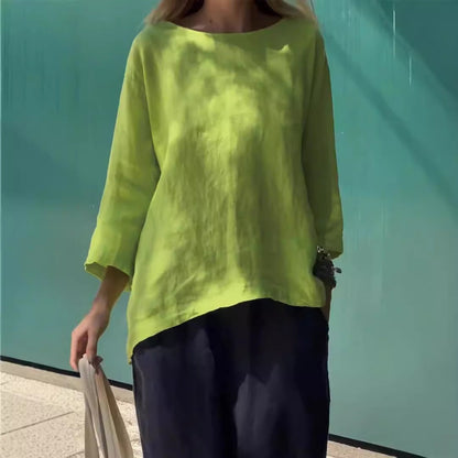 Women’s Casual Top - Cotton Linen - Relaxed Fit - Boat Neck - Asymmetrical Hem