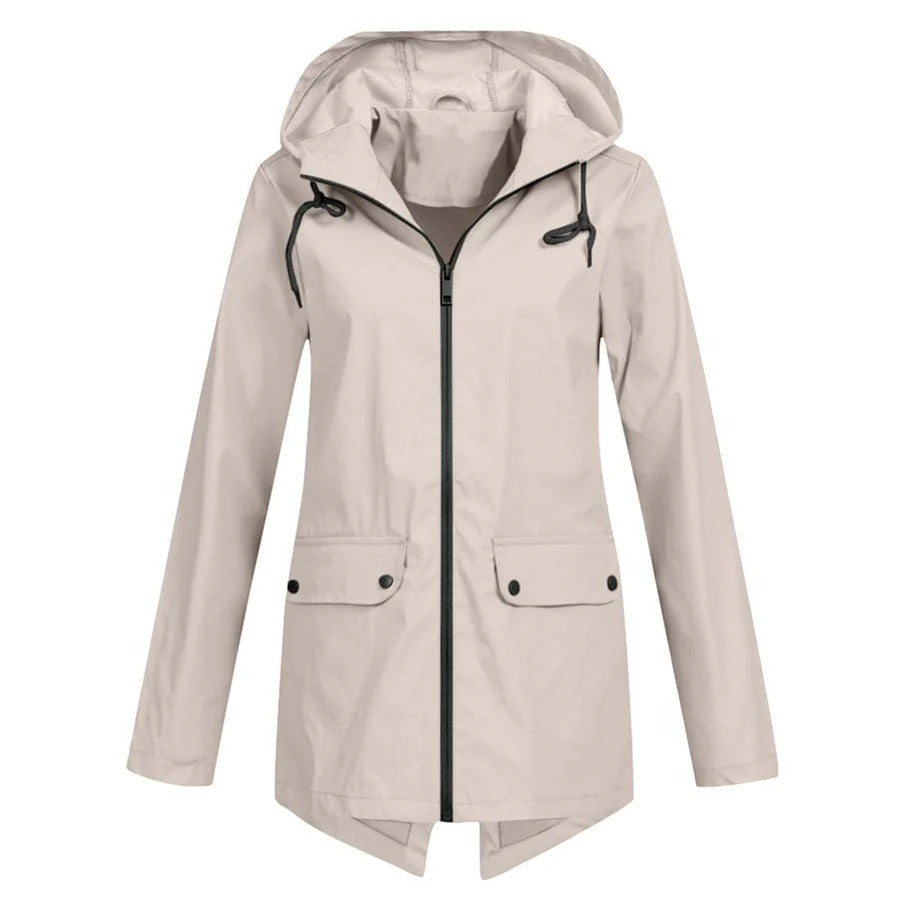 Women’s Rain Jacket – Relaxed Fit – Water-Resistant – Hooded – Medium Length – Zip Front