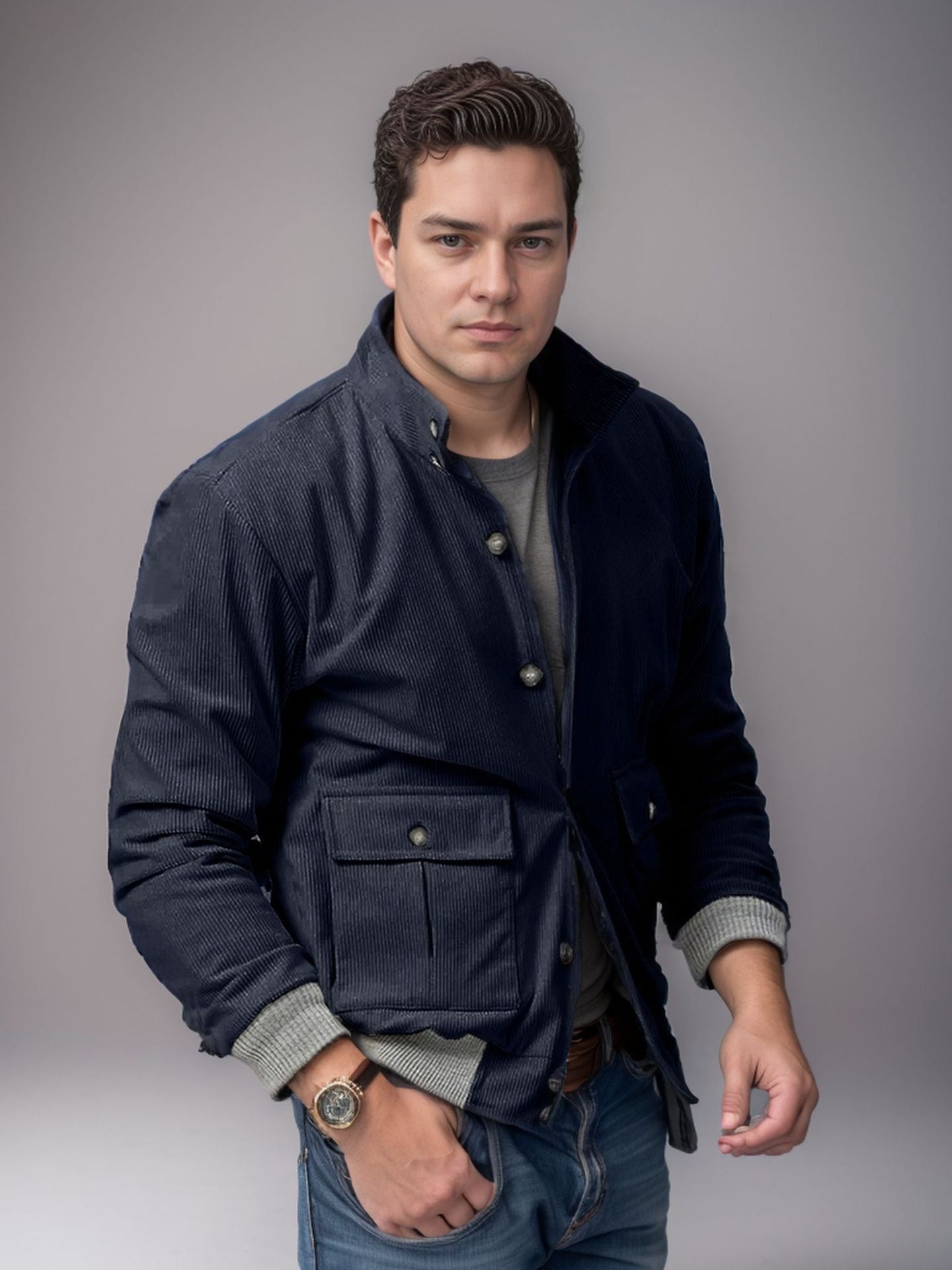Men’s Corduroy Jacket – Regular Fit – Stand Collar – Button Front – Ribbed Cuffs