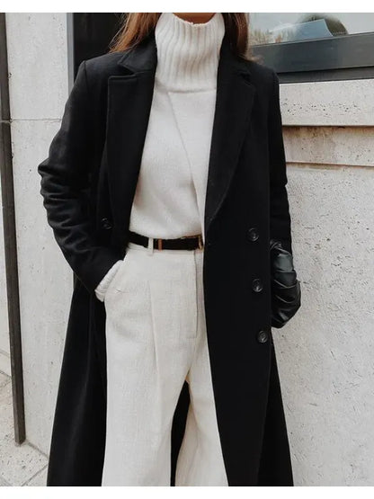 Women's Wool Coat - Tailored Fit - Notched Lapel - Double-Breasted - Full Length