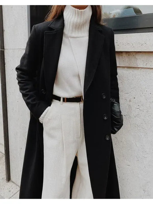Women's Wool Coat - Tailored Fit - Notched Lapel - Double-Breasted - Full Length