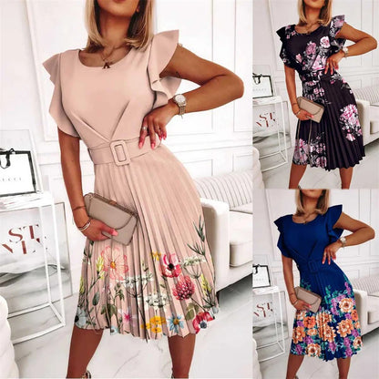 Women's Midi Dress - Satin - Fitted Bodice - Ruffled Sleeves - Belted Waist