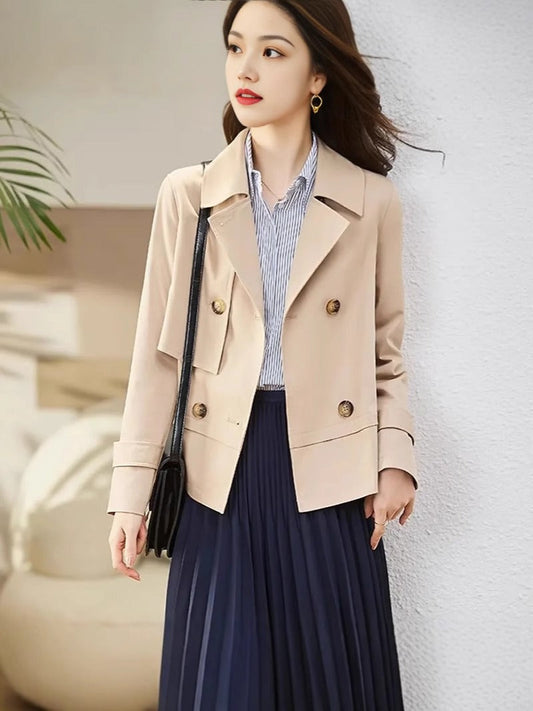 Women’s Cropped Relaxed Fit Jacket - Woven Cotton Blend - Double Breasted - Notch Lapel