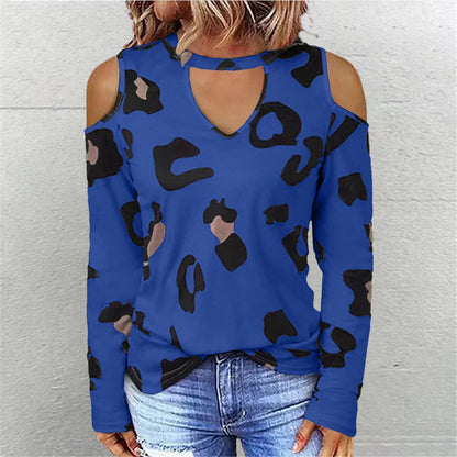 Women’s Long Sleeve Shirt - Relaxed Fit - Crew Neckline Keyhole - Cold Shoulder