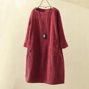 Women’s Corduroy Dress – Relaxed Fit – Midi Length – Round Neck – 3/4 Sleeve Casual