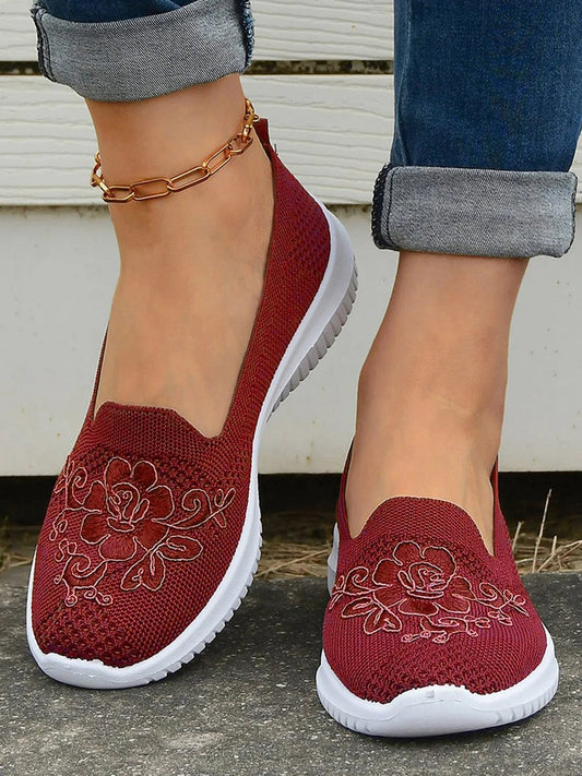Women’s Slip-On Sneakers – Breathable Knit – Floral Embroidery – Casual Fit
