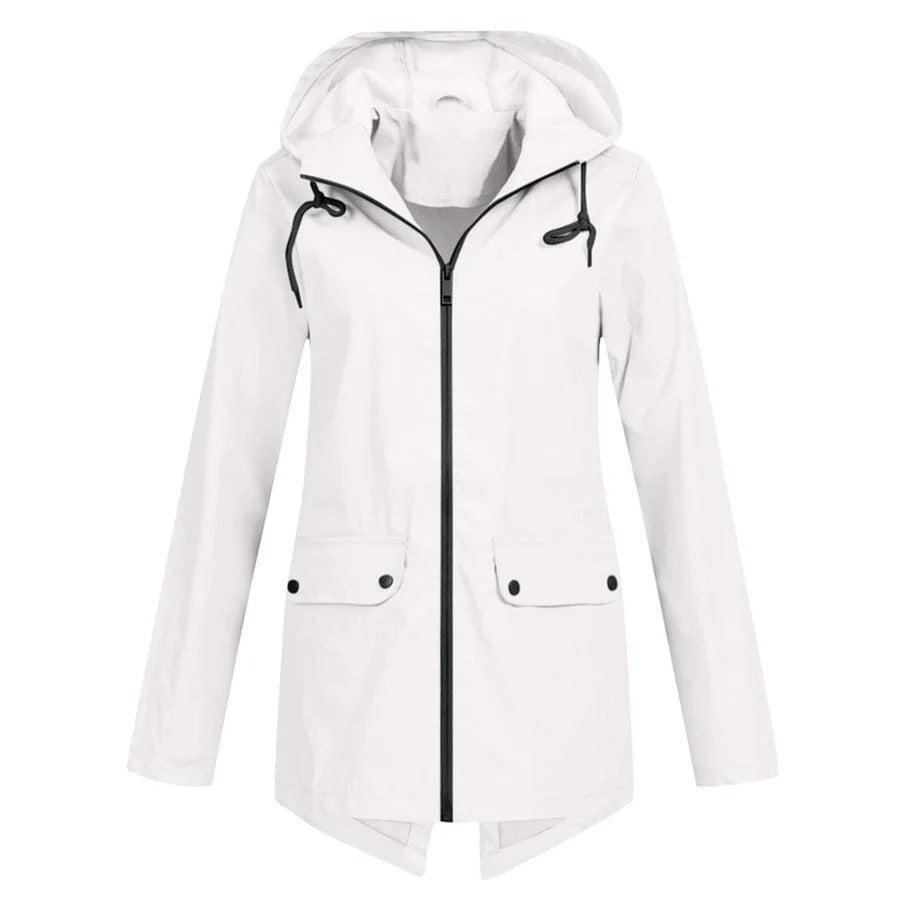 Women’s Rain Jacket – Relaxed Fit – Water-Resistant – Hooded – Medium Length – Zip Front