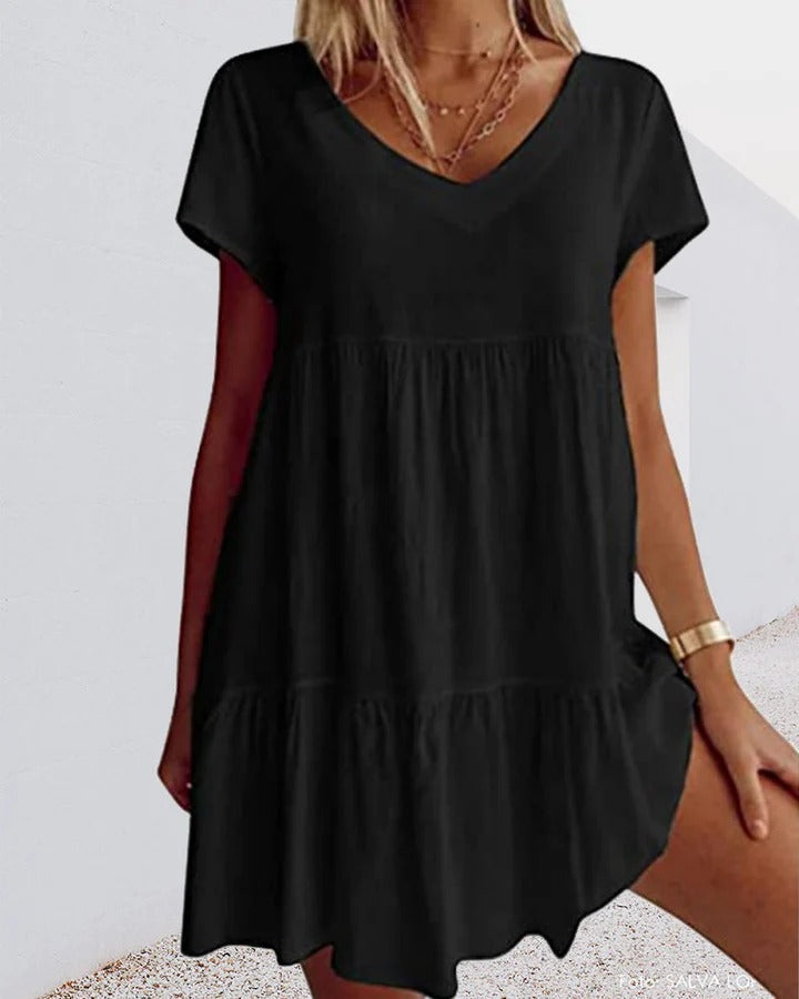 Women’s A-Line Dress – Relaxed Fit – V-Neck – Tiered Layers – Breathable Blend