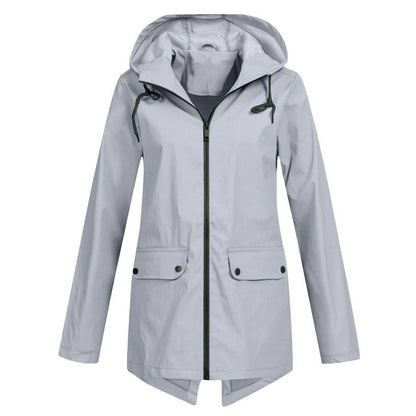Women’s Rain Jacket – Relaxed Fit – Water-Resistant – Hooded – Medium Length – Zip Front