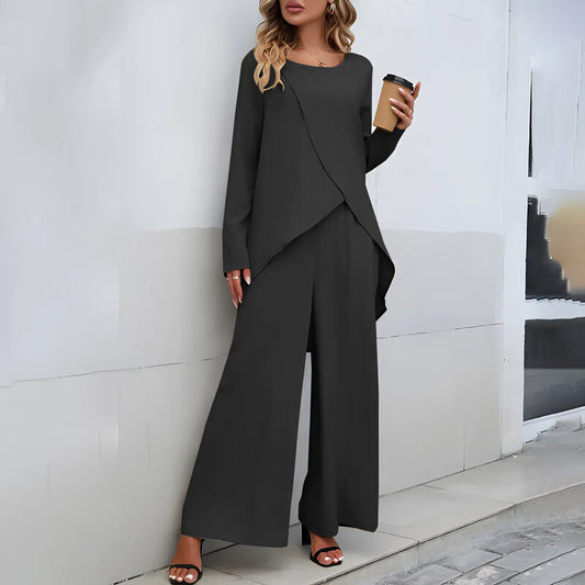 Women’s Two-Piece Set – Textured Woven – Asymmetrical Top – Wide-Leg Pants