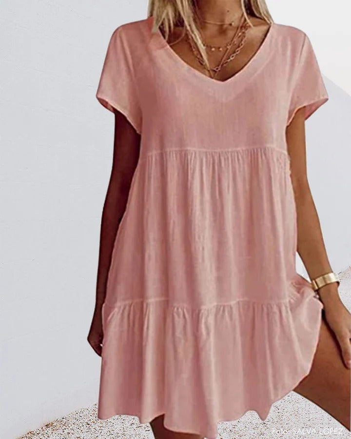 Women’s A-Line Dress – Relaxed Fit – V-Neck – Tiered Layers – Breathable Blend