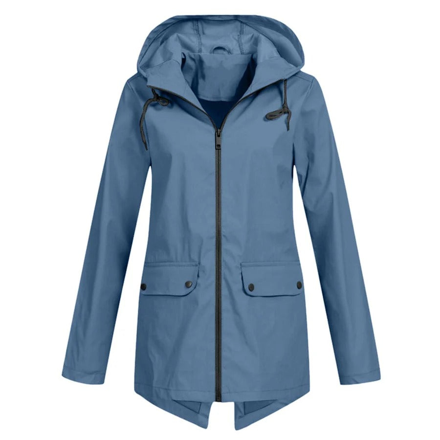Women’s Rain Jacket – Relaxed Fit – Water-Resistant – Hooded – Medium Length – Zip Front