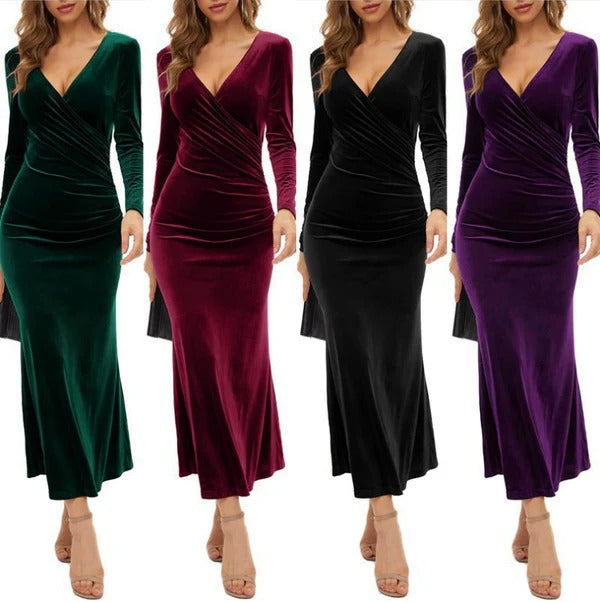 Women’s Maxi Dress – Bodycon Fit – V-Neck – Ruched Jersey – Long Sleeve – Formal Wear