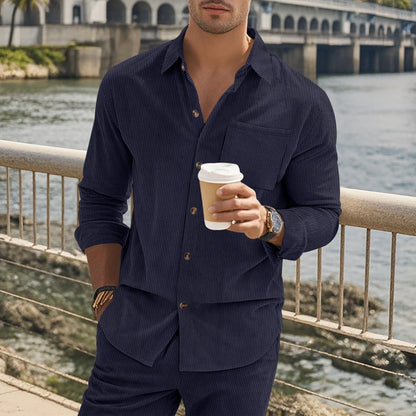 Men’s Long Sleeve Shirt – Slim Fit – Cotton Feel – Button-Up – Vertical Striped Design
