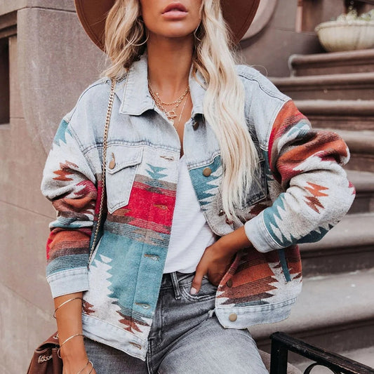 Women’s Denim Jacket – Relaxed Fit – Woven Pattern Panels – Button Front – Casual Style