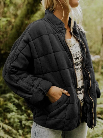 Women’s Quilted Jacket – Relaxed Fit – High Collar – Layer with Pockets