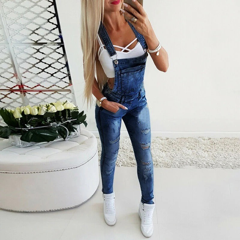 Women’s Denim Overalls – Slim Fit – Distressed Stretch – Adjustable Straps Casual Wear
