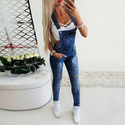 Women’s Denim Overalls – Slim Fit – Distressed Stretch – Adjustable Straps Casual Wear