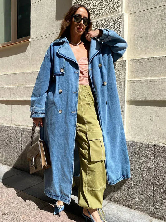 Women’s Trench Coat – Denim – Oversized Fit – Full Length – Belted Cuff - Button Front