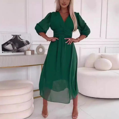 Women’s Maxi Dress – V-Neck – Long Sleeve – Fitted Waist – Flowing Silhouette