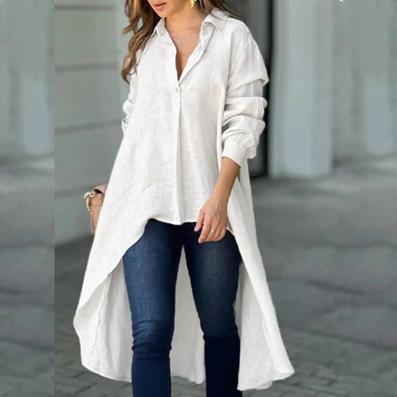 Women’s Blouse – Relaxed Fit – Cotton Blend – Long Sleeve – High-Low Hem – Collar Detail