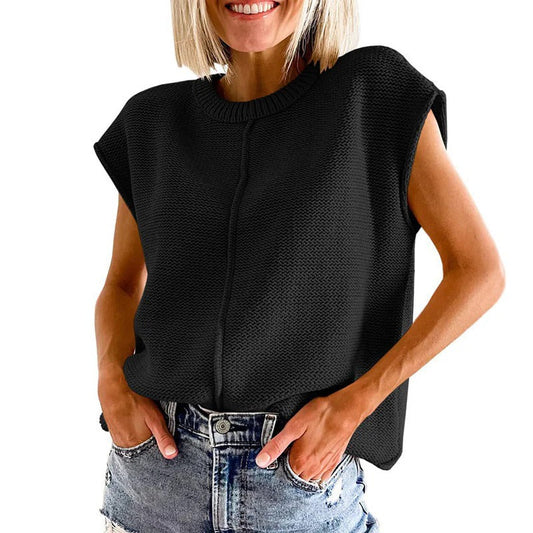 Women’s Sleeveless Knitted Top – Relaxed Fit – Ribbed Neckline – Cotton Blend