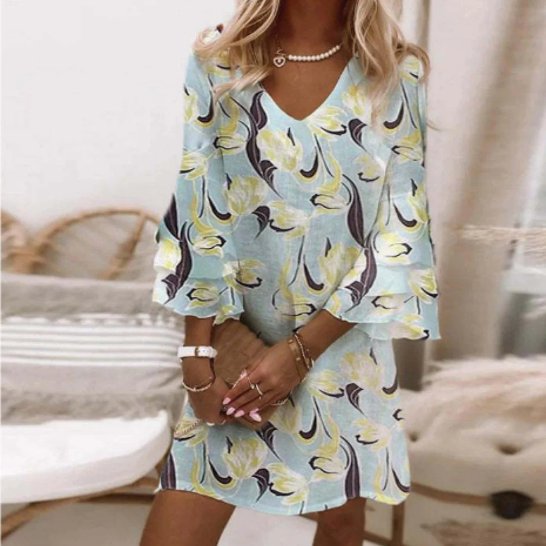 Women’s Mini Dress – Relaxed Fit – V-Neck – Three-Quarter Sleeve – Ornate Print – Breathable Blend