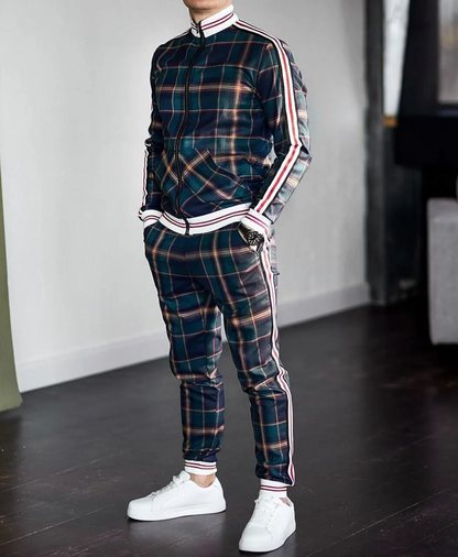 Men’s Tracksuit Set – Slim Fit – Zip Jacket with Striped Sleeves – Tapered Pants