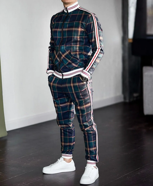 Men’s Tracksuit Set – Slim Fit – Zip Jacket with Striped Sleeves – Tapered Pants