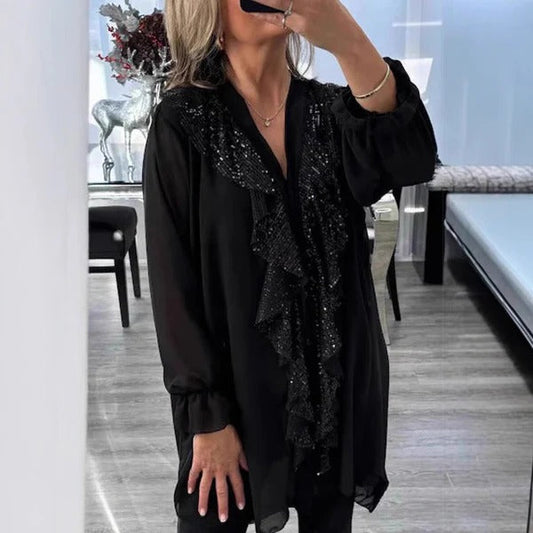 Women’s Blouse – Sheer Fabric – Relaxed Fit – Long Sleeve – Ruffle Front Sparkle