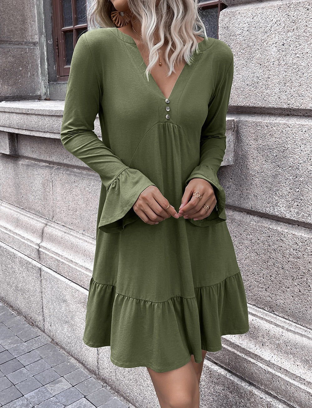 Women’s Midi Dress - Above-Knee - Relaxed A-Line - Cotton - V-Neck Bell Sleeves