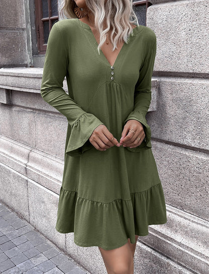 Women’s Midi Dress - Above-Knee - Relaxed A-Line - Cotton - V-Neck Bell Sleeves