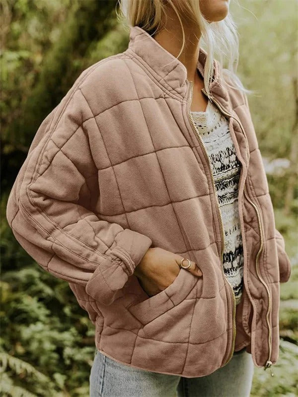 Women’s Quilted Jacket – Relaxed Fit – High Collar – Layer with Pockets