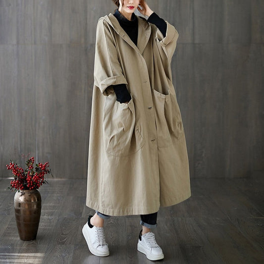 Women’s Trench Coat – Oversized Fit – Water-Repellent – Hooded Longline Style
