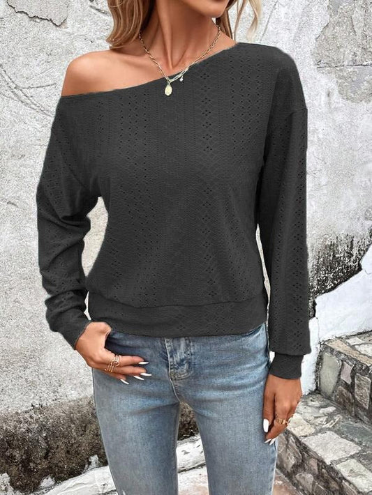 Women’s Sweater - Knit - Relaxed Fit - Asymmetric Neck - Eyelet Pattern