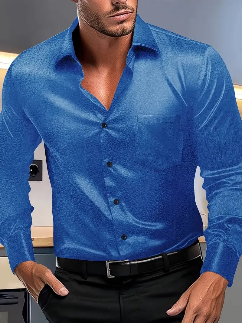 Men’s Button-Up Shirt – Slim Fit – Silky Texture – Spread Collar – Chest Pocket – Long Sleeves