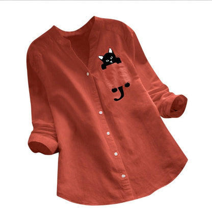 Women’s Long Sleeve Shirt – Cotton Linen – Loose Fit – Button Down – Cat Print Casual